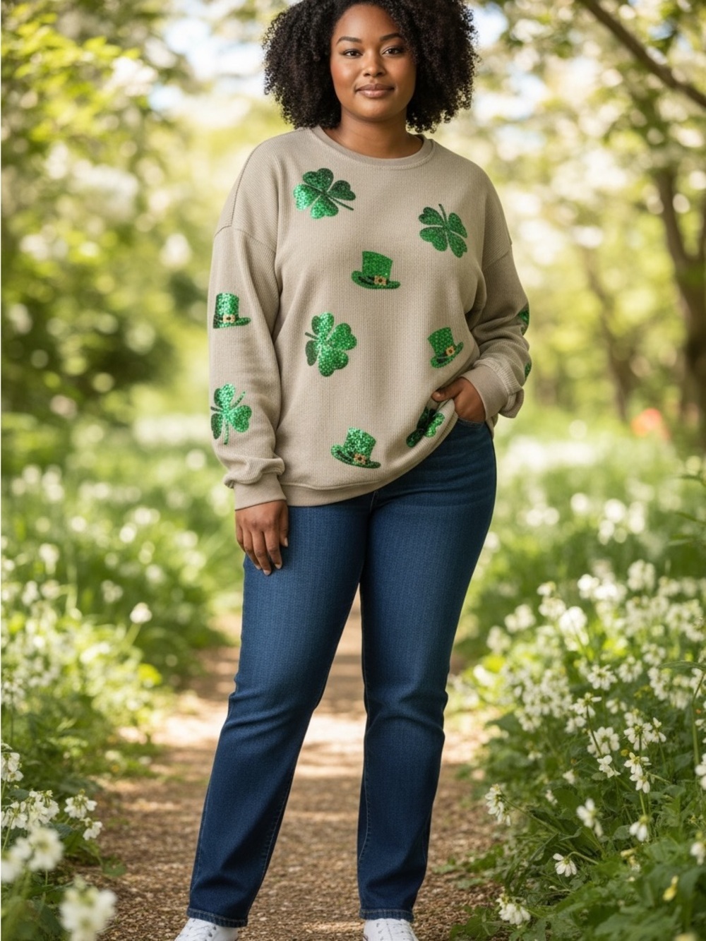 Cozy Grey Sequin Shamrock Sweater - Women
